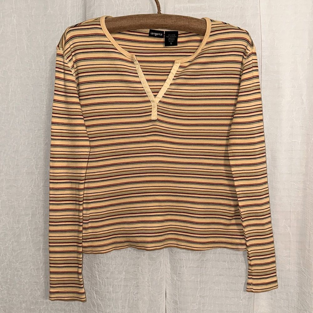 tangents S Cotton Gold Striped Ribbed Front Snap V-Neck Long Sleeve Thermal